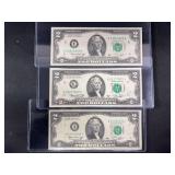 Lot of 3 US Two Dollar Bills, 1976 Series, Federal Reserve Notes, Star Notes