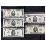 Lot of 5 Series 1950 United States Five Dollar Federal Reserve Notes