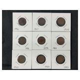 Lot of 9 Indian Head Cents: 1896, 1898, 1903, 1905, 1906, 1907, 1908