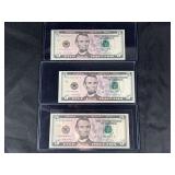Lot of 3 United States 2017A Series Five Dollar Federal Reserve Notes