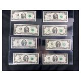 Lot of 8 US Two Dollar Bills, Series 1995, 2003, 2003A, 2017A, Star Notes