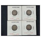 Collection of 4 Barber Dimes: 1892, 1903, 1907, 1912