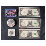 1992 Political Memorabilia Lot, 2003 Altered State Quarter, Novelty Three Dollar Bills