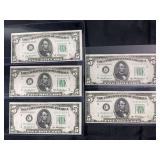Lot of 5 Federal Reserve Notes, Series 1950B, $5 Denomination