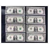 Lot of 8 US One Dollar Federal Reserve Notes 1969, 1988, 2013