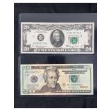 Two US Twenty Dollar Federal Reserve Notes: Series 1963 and Series 2013 Star Note