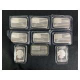 Lot of 8 .999 Fine Silver 1 oz Bars - American Flag and Liberty Designs