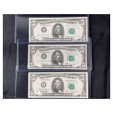 Lot of 3 US Five Dollar Federal Reserve Notes: 1969 and 1995 Series