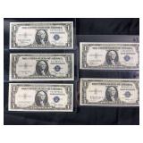 Lot of 5 United States Silver Certificate One Dollar Bills, Series 1935
