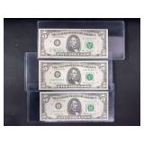 Three US Five Dollar Federal Reserve Notes: 1969, 1974, 1981