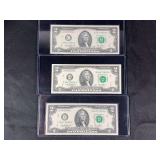 Lot of 3 Series 2013 United States Two Dollar Federal Reserve Notes
