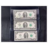 Three 2017A Series US Two Dollar Federal Reserve Notes, Sequential Serial Numbers
