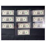 Lot of 10 US One Dollar Federal Reserve Notes, Star Notes and Sequential Serial Numbers