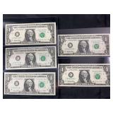Lot of 5 US One Dollar Star Notes 1969 and 1995 Series