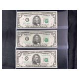 1977 Series US $5 Federal Reserve Notes, Sequential Serial Numbers B99092091A - B99092093A