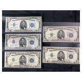 Lot of 5 US Five Dollar Silver Certificates, Series 1934