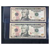 Two US Ten Dollar Federal Reserve Notes, Series 2013 and 2017