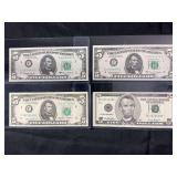 Collection of Four US Five Dollar Federal Reserve Notes: 1963A, 1985, 1999