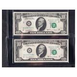 Pair of 1969-C Federal Reserve Notes, $10 Bills, Sequential Serial Numbers