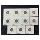 Lot of 11 Mercury Dimes: 1924-1940-D Silver Coinage