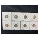 1941-D and 1941-S Mercury Silver Dimes, 8-Coin Lot