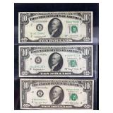 Lot of 3 US Ten Dollar Federal Reserve Notes: 1950C, 1963A, 1977 Star Note