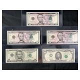 Collection of 5 United States Five Dollar Star Notes, 1995-2009