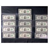 Lot of 14 United States Two Dollar Federal Reserve Notes, Series 1976