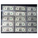 Lot of 15 United States One Dollar Federal Reserve Notes