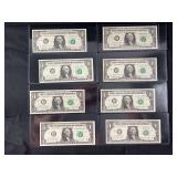 Lot of 8 United States One Dollar Federal Reserve Notes Various Series
