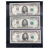 Lot of 3 US Five Dollar Federal Reserve Notes: 1981, 1988A, 1995