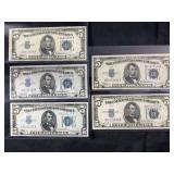 Lot of 5 US Silver Certificate Five Dollar Bills, Series 1934