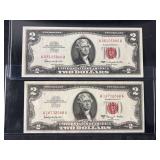 Two 1963 Series United States Two Dollar Red Seal Legal Tender Notes