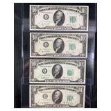 Lot of 4 Series 1950 Federal Reserve Notes $10 Bills Boston