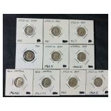 Lot of 10 Roosevelt Silver Dimes 1961-1964 D