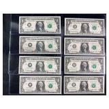 Lot of 8 US One Dollar Star Notes 1995 and 2006