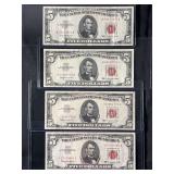 Lot of 4 United States 1963 Red Seal Five Dollar Notes