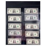 Lot of 10 US Federal Reserve One Dollar Notes, Series 1963 and 1963A