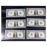Lot of 6 Consecutive Series 2017 Star Note One Dollar Bills