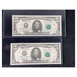 1995 Federal Reserve Note Five Dollar Bills, Sequential Serial Numbers, Dallas District