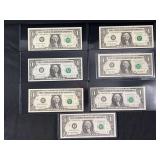 Lot of 7 US One Dollar Star Notes, Series 1999 and 2001