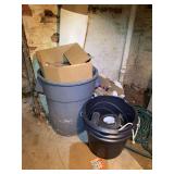 Buckets, trash can, and hoses