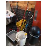 Cleaning Supplies Lot - Mop, Brooms, Vacuum and Trash Cans