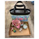 Flamingo-Themed Decorative Tote and Assorted Glass Ornaments & Handbag