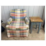 Upholstered Plaid Armchair and Painted Side Table