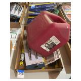 Assorted Hardware and Tool Lot including Gas Can, Screwdrivers, and Sanding Sheets