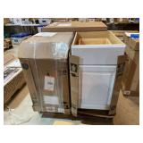 Flat of Assorted Hampton Bay Kitchen Cabinets: Sink Base, Trash Can Base, and Dishwasher End Panel