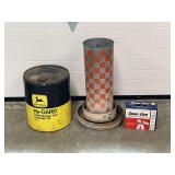 (3) John Deere Oil Can, Purina Chicken Feeder, Sawhorse Brackets