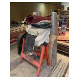 Work Grabber Sawhorse with Assorted Rolls of Material and Wheelbarrow Basin