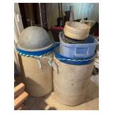 Set of Two Industrial Waste Receptacles with Dome Lids and Assorted Buckets